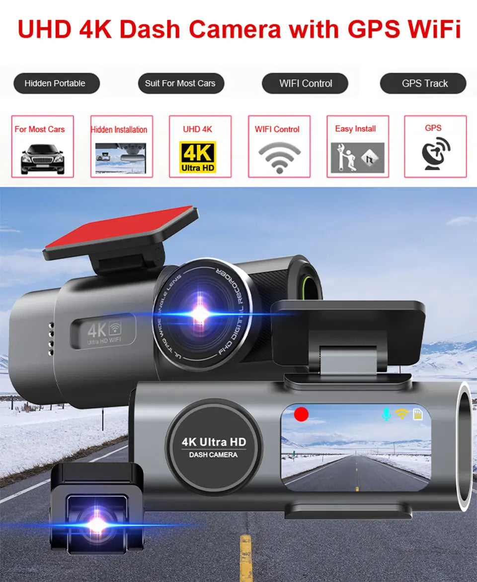 Dash Cam 4K Ultra HD com Câmera Traseira, WiFi, GPS e Visão Noturna