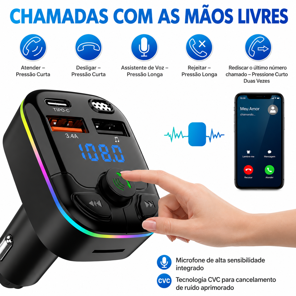 Transmissor FM Bluetooth 5.0 Veicular com Carregador Type-C
