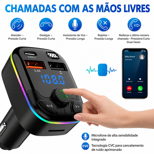 Transmissor FM Bluetooth 5.0 Veicular com Carregador Type-C