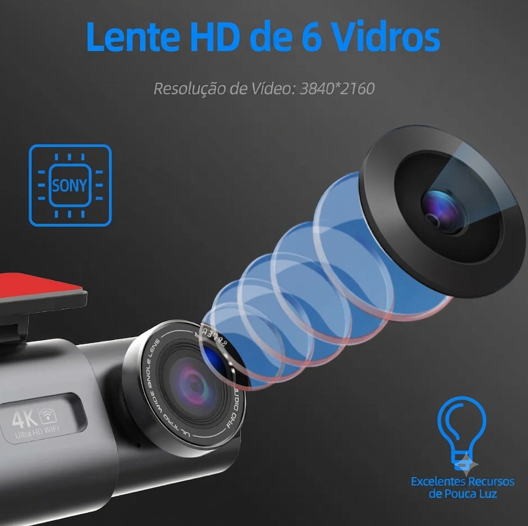 Dash Cam 4K Ultra HD com Câmera Traseira, WiFi, GPS e Visão Noturna