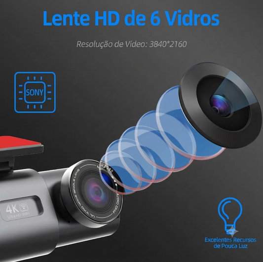 Dash Cam 4K Ultra HD com Câmera Traseira, WiFi, GPS e Visão Noturna