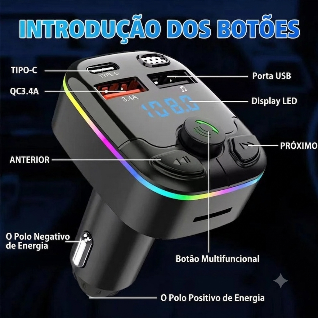 Transmissor FM Bluetooth 5.0 Veicular com Carregador Type-C