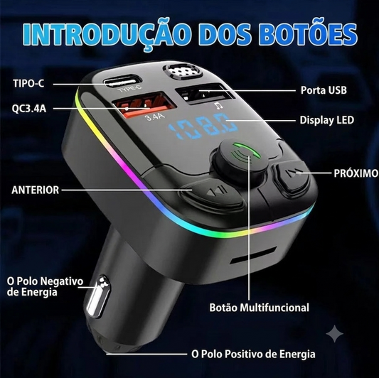 Transmissor FM Bluetooth 5.0 Veicular com Carregador Type-C