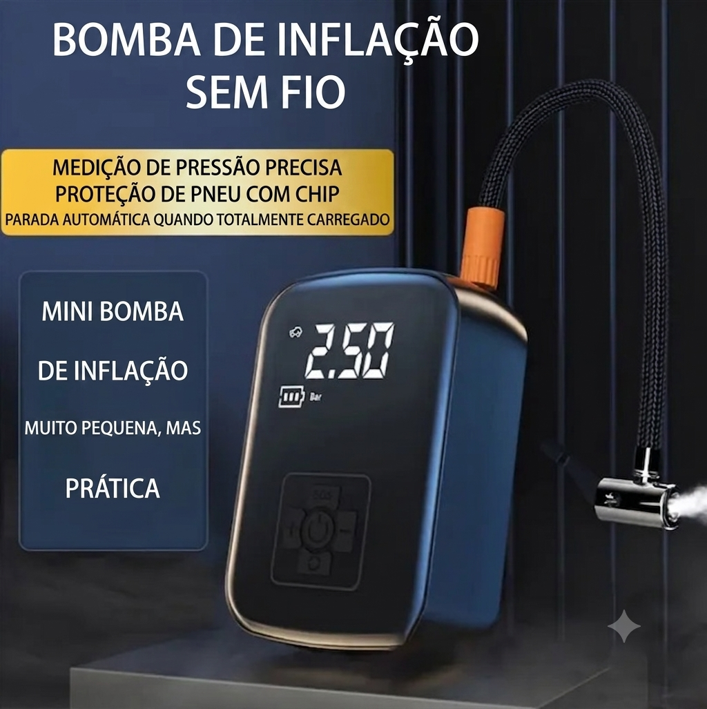Compressor de Ar Portátil sem Fio 150PSI para Carro, Moto e Bike