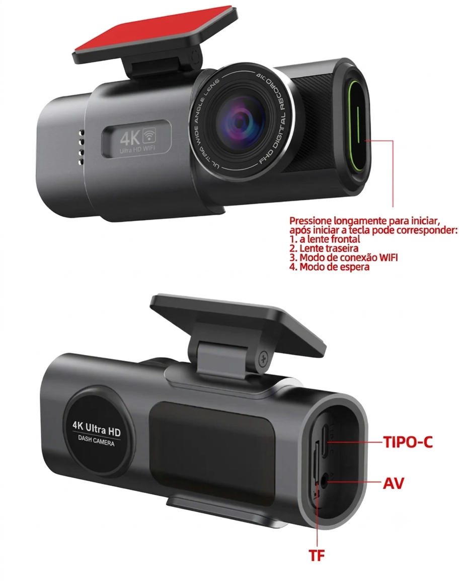 Dash Cam 4K Ultra HD com Câmera Traseira, WiFi, GPS e Visão Noturna