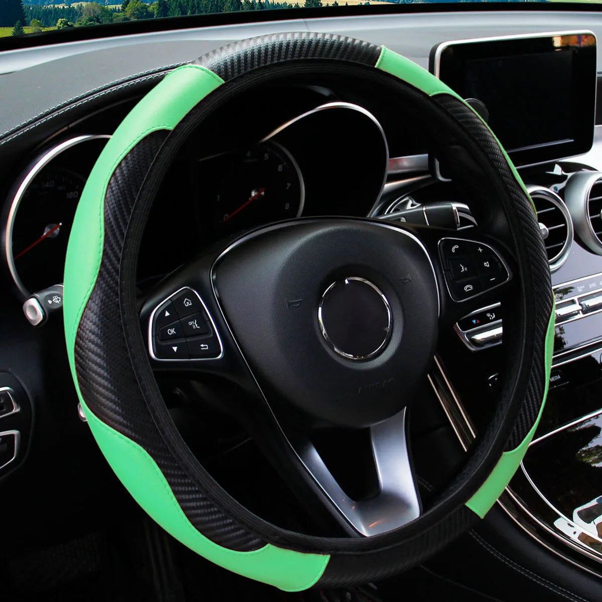 Capa de Volante Esportiva em Couro PU com Fibra de Carbono
