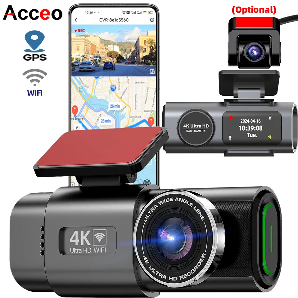 Dash Cam 4K Ultra HD com Câmera Traseira, WiFi, GPS e Visão Noturna